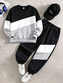 SHEIN Coolqubz 2件組青少年男孩時尚拼色運動衫與長褲套裝，時尚拼色設計，帥氣街頭風，柔軟舒適面料，易穿著，適合春秋季節，適用於各種場合，適合上學、外出，男孩必備2件套，學院風，秋冬 - 黑與白 - 查看 2