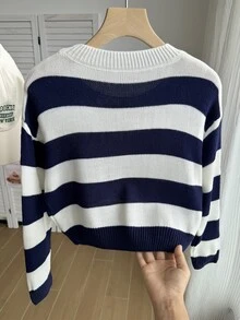 SHEIN 女童大號藍白條紋短版針織休閒毛衣，柔軟舒適，適合春季 - 黑與白 - 查看 2