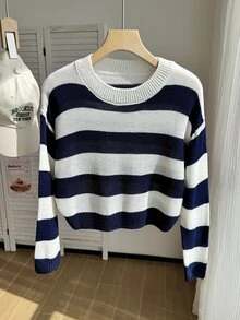 SHEIN 女童大號藍白條紋短版針織休閒毛衣，柔軟舒適，適合春季 - 黑與白 - 查看 3