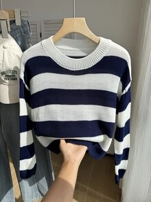 SHEIN 女童大號藍白條紋短版針織休閒毛衣，柔軟舒適，適合春季 - 黑與白 - 查看 4