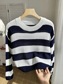 SHEIN 女童大號藍白條紋短版針織休閒毛衣，柔軟舒適，適合春季 - 黑與白 - 查看 5
