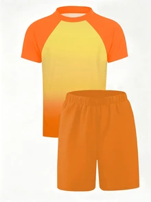 Baju Renang Dua Potong untuk Anak Laki-Laki, Baju Renang Pelindung Ruam, Lengan Pendek, untuk Liburan Remaja Laki-Laki, Usia 12-16 Tahun - Jeruk - View 3