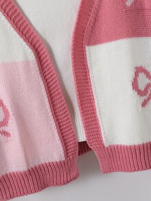 SHEIN 青少年女孩 1件裝蝴蝶結圖案拼色落肩長版開襟針織外套 - 粉色 - 查看 5
