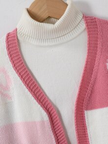SHEIN 青少年女孩 1件裝蝴蝶結圖案拼色落肩長版開襟針織外套 - 粉色 - 查看 4