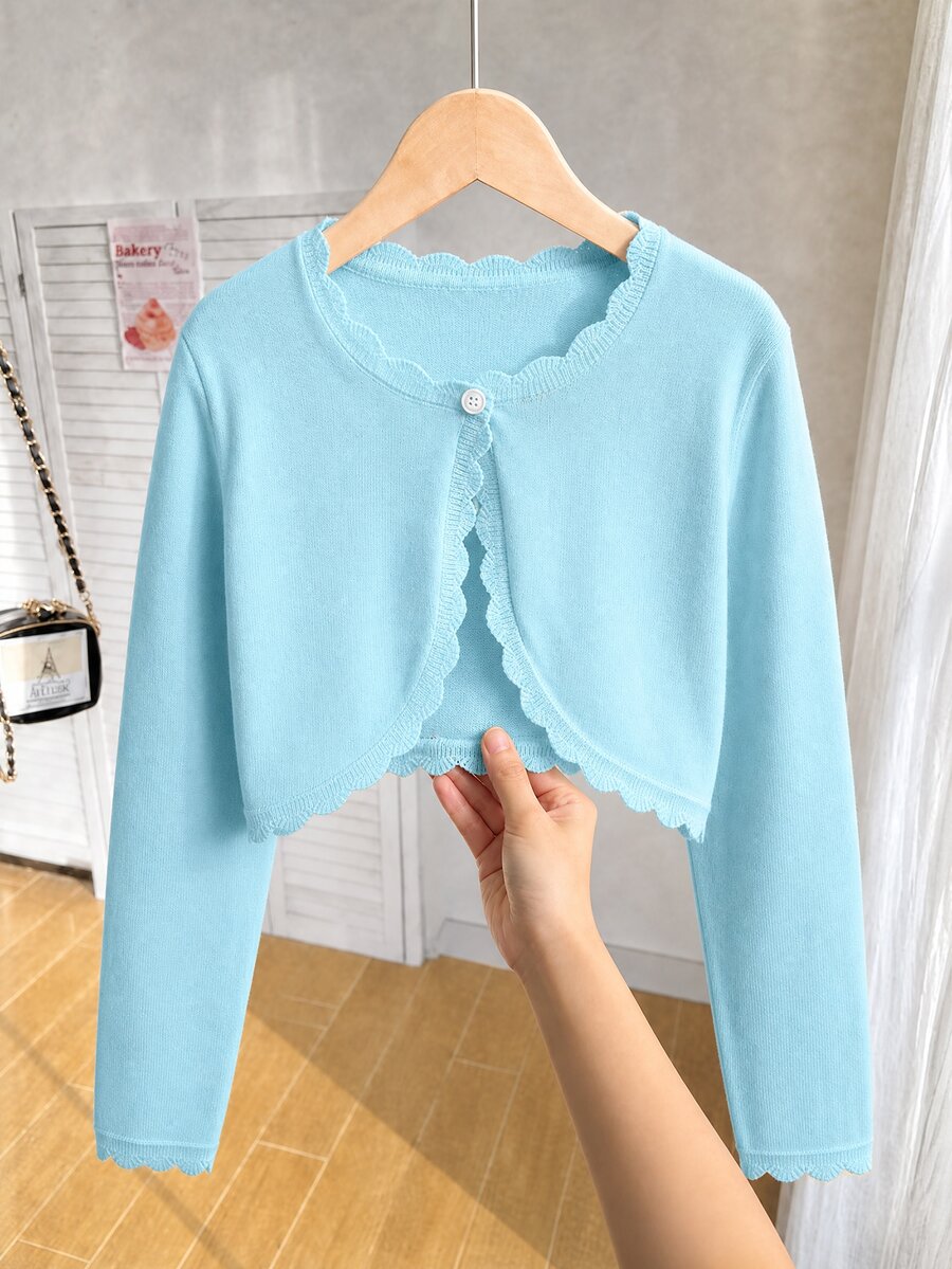 SHEIN Elladie kids 女童軟針織開襟衫,波浪邊設計,前扣鈕扣,輕盈舒適感,可愛休閒風格,適合兒童與幼兒,柔軟舒適 - 藍色 - 查看 1
