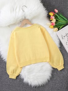 SHEIN Tween Girls Cardigans Apricot Jacquard Round Neck Cardigan With Fur Bow + Handmade Knit Bow + Hidden Buttons Long Sleeve Short Knit Sweater Soft And Comfortable Suitable For Spring Autumn Winter Outings Travel Vacation Daycare Play - Yellow - View 2