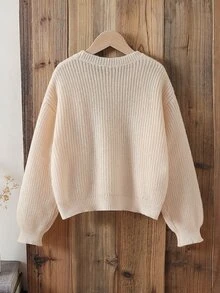 SHEIN Genkimix Kids Tween女孩圓領米色針織毛衣，3D手工鉤花設計，柔軟針織套頭上衣，可愛甜美簡約長袖，適合秋冬外出、派對、拍照、戶外玩耍 - 杏色 - 查看 3