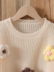 SHEIN Genkimix Kids Tween女孩圓領米色針織毛衣，3D手工鉤花設計，柔軟針織套頭上衣，可愛甜美簡約長袖，適合秋冬外出、派對、拍照、戶外玩耍 - 杏色 - 查看 5