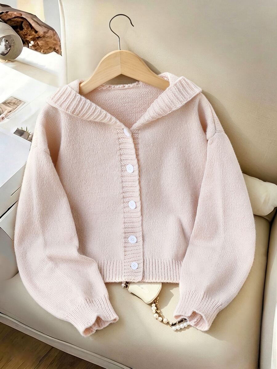 SHEIN Genkimix Kids 女童開襟針織外套,可愛純色連帽設計,休閒寬鬆版型,垂直排扣,適中厚度,適合學校穿著,秋冬日常,柔粉色 - 杏色 - 查看 1