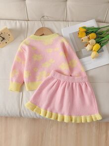 SHEIN 幼童女童秋季冬季粉色圓領長袖提花花卉針織毛衣套裝，返校穿搭，舒適柔軟，節日聖誕套裝 - 粉色 - 查看 3
