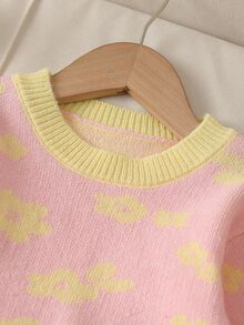 SHEIN 幼童女童秋季冬季粉色圓領長袖提花花卉針織毛衣套裝，返校穿搭，舒適柔軟，節日聖誕套裝 - 粉色 - 查看 7