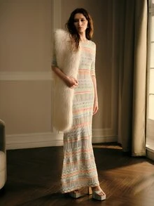 MOTF PREMIUM WOMEN'S OMBRE HOLLOW OUT SWEET STYLE LONG KNIT SWEATER DRESS - Mint Green - View 7