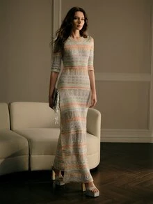 MOTF PREMIUM WOMEN'S OMBRE HOLLOW OUT SWEET STYLE LONG KNIT SWEATER DRESS - Mint Green - View 4