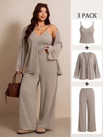 Elaquor Plus Size Women's Camisole Top And Lace Patchwork Long Sleeve Cardigan And Wide Leg Pants Casual Daily Going Out 2-Piece Set For Women Fall/Winter