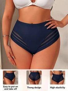 SHEIN Plus Size Women's Contrast Mesh Comfortable Panties Navy Blue Autumn Sexy - Navy Blue - View 4