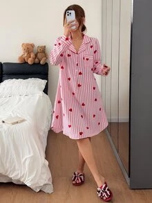 Napfluff 粉色條紋愛心印花睡裙 秋季可愛休閒款 - 彩色 - 查看 5