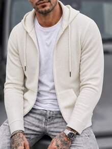 Manfinity Homme Men's Hooded Zip-Up Jacket, Minimalist Solid Color Design. Classic Zip-Front Cardigan With Drawstring Hood And Practical Side Pockets. Versatile Fit For Daily Wear, Suitable For Commuting, Walking, Short Trips, Shopping, Outdoor Activities, And Fitness Workouts. - Beige - View 4
