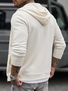 Manfinity Homme Men's Hooded Zip-Up Jacket, Minimalist Solid Color Design. Classic Zip-Front Cardigan With Drawstring Hood And Practical Side Pockets. Versatile Fit For Daily Wear, Suitable For Commuting, Walking, Short Trips, Shopping, Outdoor Activities, And Fitness Workouts. - Beige - View 2