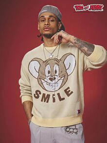Manfinity TOM & JERRY X SHEIN Men's Fashion Cartoon Jacquard Pattern Long Sleeve Crew Neck Sweater For Husband, Boyfriend Gifts, Autumn, Top School Beige Casual Streetwear - Yellow - View 4