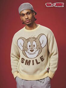 Manfinity TOM & JERRY X SHEIN Men's Fashion Cartoon Jacquard Pattern Long Sleeve Crew Neck Sweater For Husband, Boyfriend Gifts, Autumn, Top School Beige Casual Streetwear - Yellow - View 5