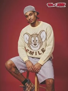 Manfinity TOM & JERRY X SHEIN Men's Fashion Cartoon Jacquard Pattern Long Sleeve Crew Neck Sweater For Husband, Boyfriend Gifts, Autumn, Top School Beige Casual Streetwear - Yellow - View 2