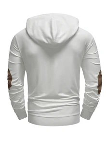 Manfinity Homme Men's White & Coffee Color Half-Zip Hooded Sweatshirt, Button Design, Comfortable Classic Versatile Hoodie For Home & Commute - White - View 2