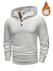 Manfinity Homme Men's White & Coffee Color Half-Zip Hooded Sweatshirt, Button Design, Comfortable Classic Versatile Hoodie For Home & Commute - White - View 7