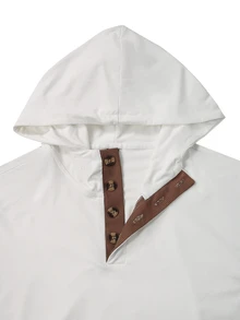 Manfinity Homme Men's White & Coffee Color Half-Zip Hooded Sweatshirt, Button Design, Comfortable Classic Versatile Hoodie For Home & Commute - White - View 3