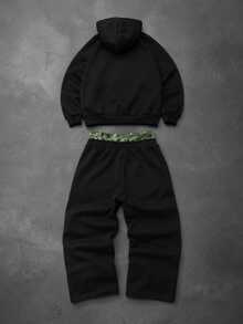 Manfinity Roghcode 男士連帽衛衣與寬腿運動褲套裝，針織運動服，迷彩印花，韓系休閒街頭風，Cleanfit極簡穿搭，日常通勤，運動健身，中性情侶款，節日禮物 - 黑色 - 查看 2