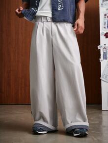 TOKVUE Men's Casual Versatile Striped Patchwork Loose Pants - Light Grey - View 3