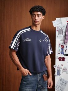 TOKVUE 男士日中風運動短袖T恤，日式櫻花運動條紋，東方魅力，街頭風，日常通勤，新中式風格，日系學院風，中性款，節日禮物 - 藏蓝色 - 查看 3