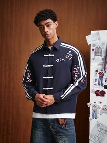 TOKVUE Men's Japanese-Chinese Style Sports Long Sleeve Shirt, Boxy Cropped Fit, Japanese Cherry Blossom Chinese Frog Button Sports Striped, Oriental Charm, Streetwear, Daily Commute, New Chinese Style, Japanese Academy Style, Unisex, Holiday Gift - Navy Blue - View 6