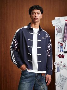 TOKVUE Men's Japanese-Chinese Style Sports Long Sleeve Shirt, Boxy Cropped Fit, Japanese Cherry Blossom Chinese Frog Button Sports Striped, Oriental Charm, Streetwear, Daily Commute, New Chinese Style, Japanese Academy Style, Unisex, Holiday Gift - Navy Blue - View 2