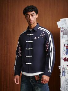TOKVUE Men's Japanese-Chinese Style Sports Long Sleeve Shirt, Boxy Cropped Fit, Japanese Cherry Blossom Chinese Frog Button Sports Striped, Oriental Charm, Streetwear, Daily Commute, New Chinese Style, Japanese Academy Style, Unisex, Holiday Gift - Navy Blue - View 4