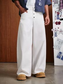 TOKVUE Men's Solid Color Button Placket Pocket Wide Leg Loose Fit Long Pants - White - View 3