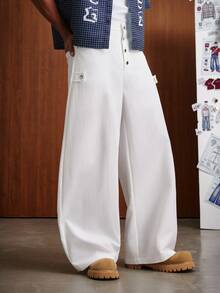 TOKVUE Men's Solid Color Button Placket Pocket Wide Leg Loose Fit Long Pants - White - View 7