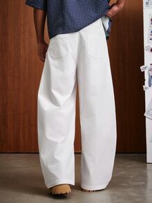 TOKVUE Men's Solid Color Button Placket Pocket Wide Leg Loose Fit Long Pants - White - View 4