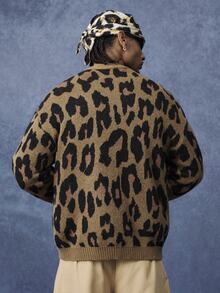 PAVTROS Men's Vintage Leopard Print Pocket Knit Brown Cardigan - Brown - View 2