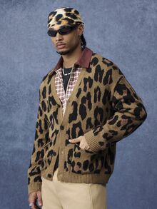 PAVTROS Men's Vintage Leopard Print Pocket Knit Brown Cardigan - Brown - View 3