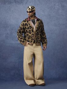 PAVTROS Men's Vintage Leopard Print Pocket Knit Brown Cardigan - Brown - View 4