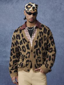 PAVTROS Men's Vintage Leopard Print Pocket Knit Brown Cardigan - Brown - View 5