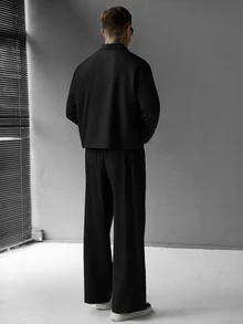 SLATEMANN 男士夾克套裝，舒適純色布料，大翻領雙排扣內裡長袖西裝外套搭配拉鍊＋彈性腰帶長褲，適合休閒度假、朋友約會、雞尾酒會、沙龍、聚會、日常辦公、極簡商務，特別適合春秋季節，可自穿或送給朋友 - 黑色 - 查看 2