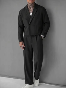 SLATEMANN 男士夾克套裝，舒適純色布料，大翻領雙排扣內裡長袖西裝外套搭配拉鍊＋彈性腰帶長褲，適合休閒度假、朋友約會、雞尾酒會、沙龍、聚會、日常辦公、極簡商務，特別適合春秋季節，可自穿或送給朋友 - 黑色 - 查看 3