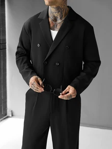 SLATEMANN 男士夾克套裝，舒適純色布料，大翻領雙排扣內裡長袖西裝外套搭配拉鍊＋彈性腰帶長褲，適合休閒度假、朋友約會、雞尾酒會、沙龍、聚會、日常辦公、極簡商務，特別適合春秋季節，可自穿或送給朋友 - 黑色 - 查看 7