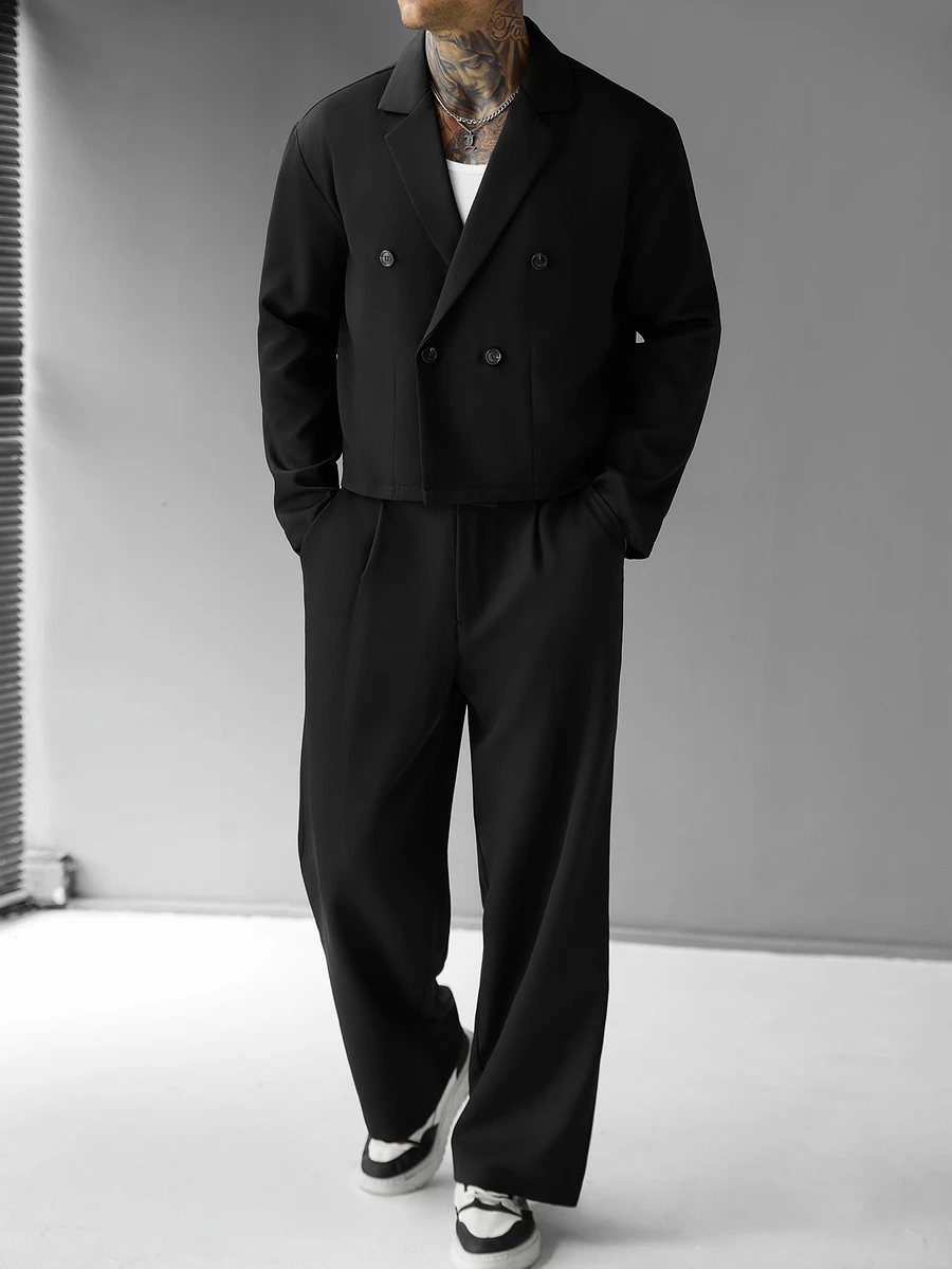 SLATEMANN 男士夾克套裝,舒適純色布料,大翻領雙排扣內裡長袖西裝外套搭配拉鍊+彈性腰帶長褲,適合休閒度假、朋友約會、雞尾酒會、沙龍、聚會、日常辦公、極簡商務,特別適合春秋季節,可自穿或送給朋友 - 黑色 - 查看 1