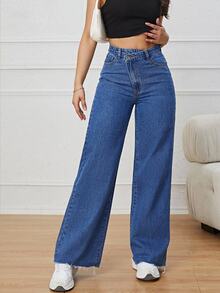 High Waist Wide Leg Jeans - Dark Wash - View 1