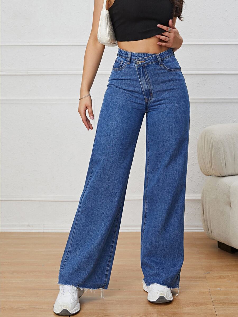 High Waist Wide Leg Jeans - Dark Wash - View 1