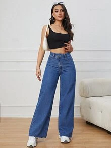 High Waist Wide Leg Jeans - Dark Wash - View 7