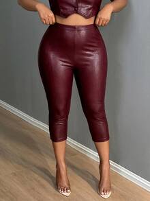 SHEIN SXY Plus Size Fashion Commuter Crocodile Pattern Leggings - Burgundy - View 4