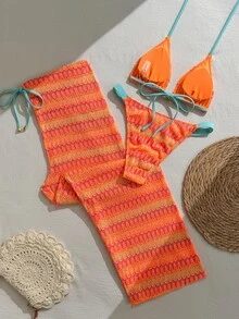 Swim Basics 2026新款螢光橘女款3件式鉤編比基尼套裝，含寬腿罩衫長褲與細肩帶三角泳衣上衣，春夏季 - 彩色 - 查看 2